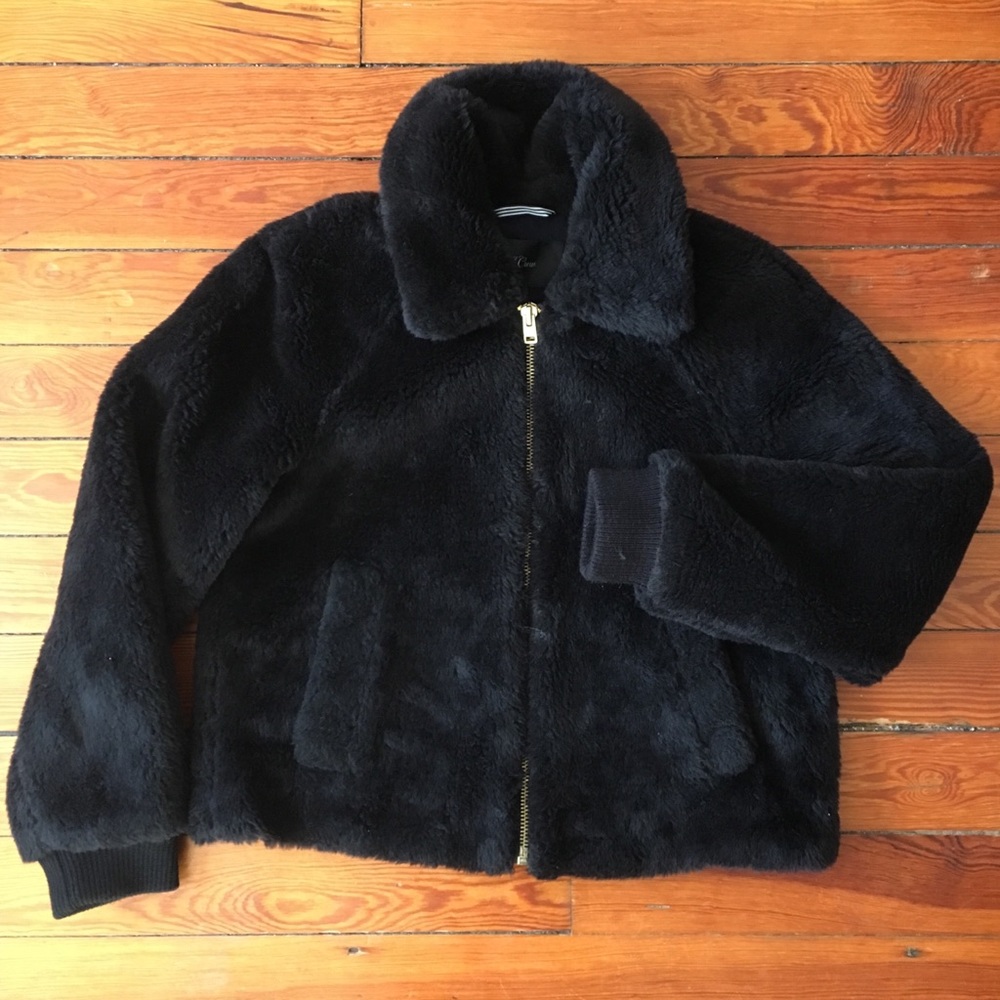 J.Crew Black Plush Fleece Bomber Jacket NWT Medium